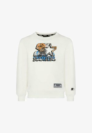 Sweatshirt crème avec un grand logo "STARTER" multicolore représentant un tigre. Comprend des poignets et un ourlet côtelés. Étiquette noire en bas à gauche.