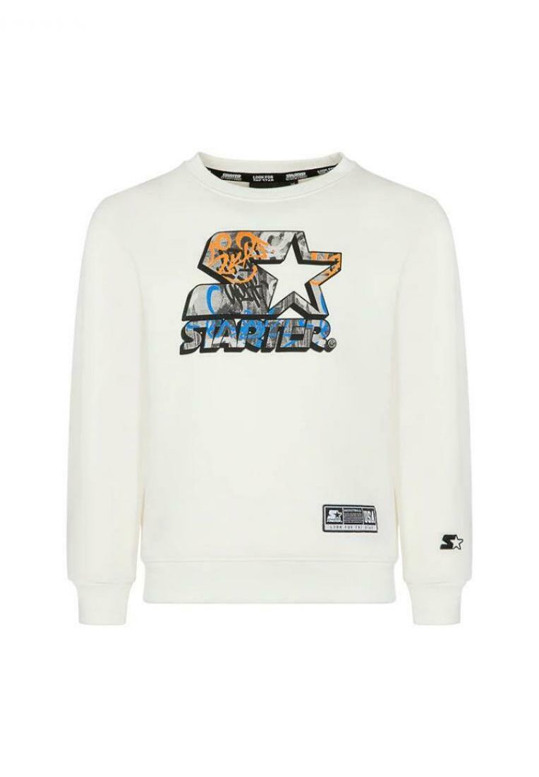 Felpa crema con logo "STARTER" di grandi dimensioni e design di una tigre in diversi colori. Include polsini e orlo a coste. Etichetta nera in basso a sinistra.