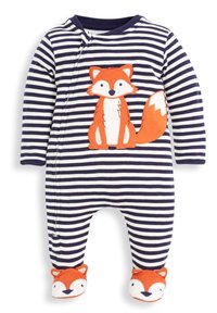 Gestreifter navy- und weißer Overall mit einem orangefarbenen Fuchsdesign auf der Vorderseite, mit Fußteilen, die Fuchs Köpfe ähneln. Weicher, elastischer Stoff.