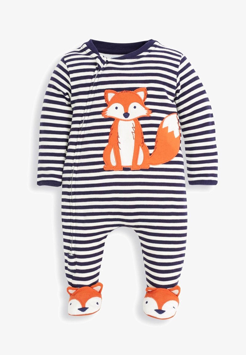 Gestreepte navy en witte romper met een oranje vosdesign op de voorkant, en voetaccenten die op vossenhoofden lijken. Zachte, rekbare stof.