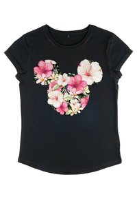 Sort kortærmet t-shirt med et blomstret Mickey Mouse silhuetdesign, der har pink og hvide blomster samt grønne blade.