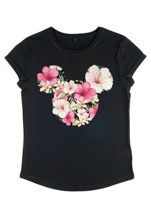 Schwarzes T-Shirt mit kurzen Ärmeln, das ein florales Silhouettenmotiv von Mickey Mouse zeigt, umgeben von rosa und weißen Blumen sowie grünen Blättern.