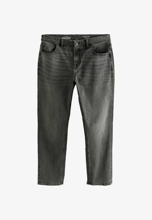 Jean en denim gris slim fit avec une légère décoloration, cinq poches, passants de ceinture standard et couture contrastante le long des coutures.