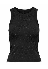 Zwarte mouwloze top met een geribbelde textuur en verspreide strass-accenten, ronde halslijn en een getailleerde silhouette.