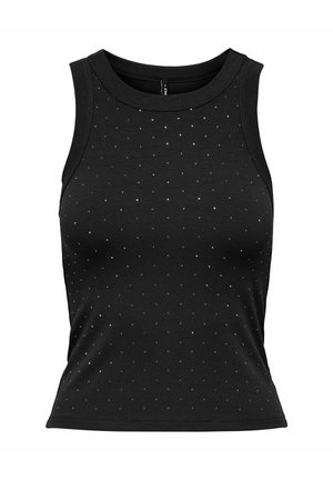 Zwarte mouwloze top met een geribbelde textuur en verspreide strass-accenten, ronde halslijn en een getailleerde silhouette.