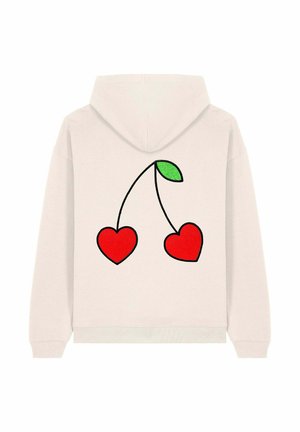 Light beige hoodie featuring a back graphic of two red hearts connected by a black line with a green leaf. Soft fabric and relaxed fit.