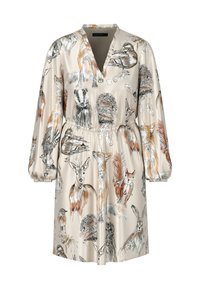 Beiges Kleid mit einer Vielzahl von illustrierten Tieren, darunter Füchse, Rehe und Vögel. Lange Ärmel mit elastischen Bündchen und einer Kordelzugtaille.