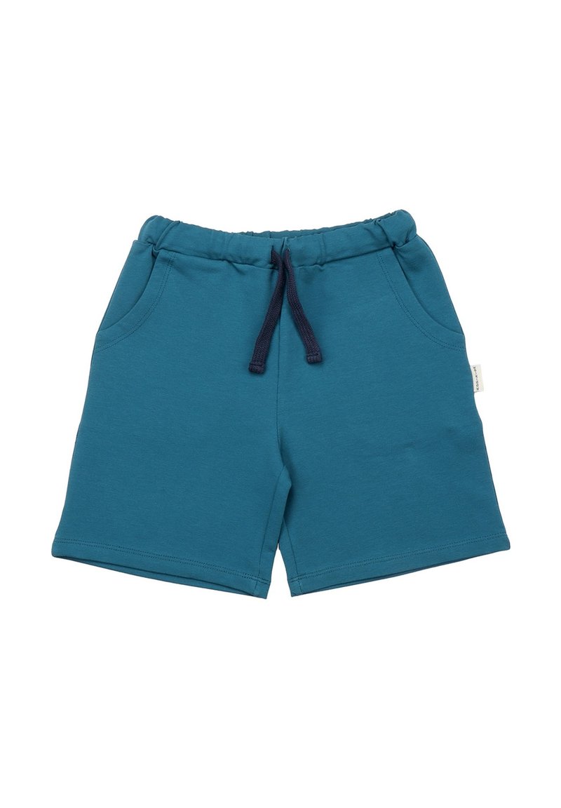 Türkisfarbene Baumwollshorts mit einem elastischen Bund, blauen Kordeln und zwei seitlichen Taschen. Einfaches, ungeschmücktes Design mit einer glatten Textur.