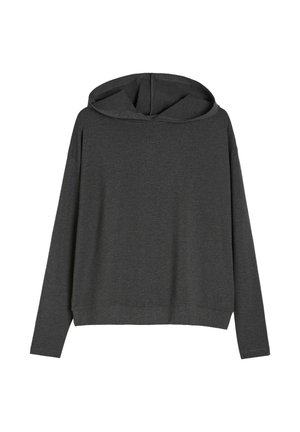 Bluza z kapturem w ciemnoszarym kolorze, wykonana z miękkiego materiału. Posiada długie rękawy, luźny krój oraz ściągacz na dole bez widocznych wzorów czy akcentów.