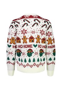 Trui van gebreide stof, met een witte basis en kleurrijke feestpatronen, waaronder peperkoeken, kerstbomen en sneeuwvlokken.