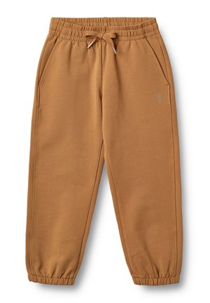 Braune Jogginghosen aus weicher Baumwollmischung, mit elastischem Bund und Kordelzug, Seitentaschen und Bündchen an den Knöcheln. Einfaches Logodetail.