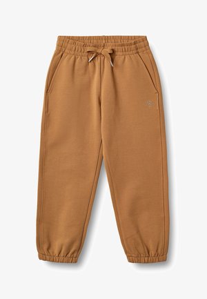 Pantaloni della tuta marroni realizzati in morbido tessuto misto cotone, con vita elastica regolabile con coulisse, tasche laterali e polsini alle caviglie. Dettaglio semplice con logo.