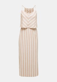 Raidallinen midimekko, jossa on hihaton malli ja kevyt kangas kermaan ja beigeen vivahtavissa sävyissä, korostettuna siksak-kuviolla.
