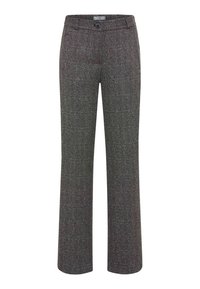 Visgraatpatroon broek in donkergrijs en zwart met een rechte pijp, aansluitende tailleband en een enkele knoopsluiting aan de voorkant.