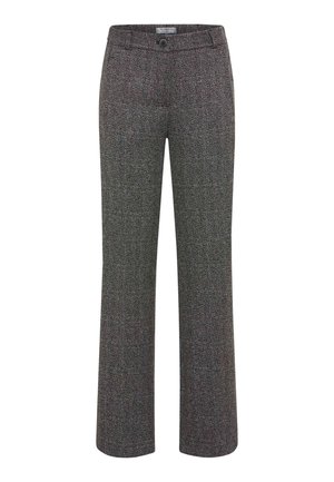 Visgraatpatroon broek in donkergrijs en zwart met een rechte pijp, aansluitende tailleband en een enkele knoopsluiting aan de voorkant.