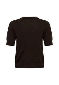 Chemise en maille noire à manches courtes avec encolure ronde et ourlets côtelés, vue de dos sur fond blanc.