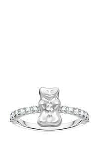 Silver ring featuring a gummy bear design with a polished finish. The band is adorned with small clear gemstones around it.