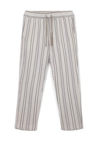 Leichte, atmungsaktive Hose mit vertikalen beigen und schwarzen Streifen, einem elastischen Bund und einem Kordelzug zur Anpassung.