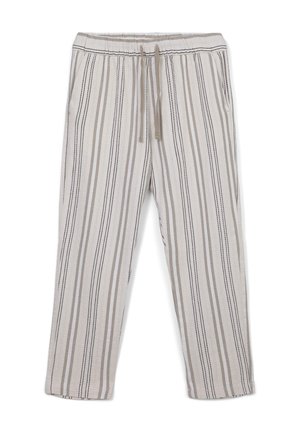 Pantaloni leggeri e traspiranti caratterizzati da righe verticali beige e nere, con una vita elasticizzata e cordoncino per la regolazione.