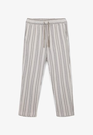 Pantalons légers et respirants avec des rayures verticales beiges et noires, dotés d'une taille élastique et d'un cordon de serrage pour un ajustement.