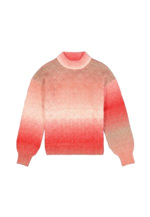 Gebreide trui met een verloop van lichtroze naar diep rood, voorzien van een ronde kraag, een gestructureerd ruitpatroon en balonmouwen.
