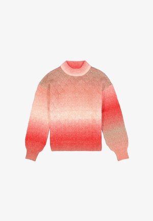 Jersey de punto con un degradado de rosa claro a rojo intenso, con un cuello redondo, patrón texturizado en forma de diamante y mangas abullonadas.