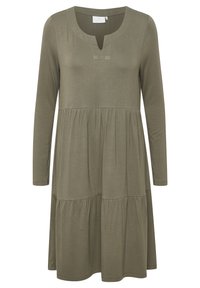 Długa sukienka z długim rękawem w kolorze oliwkowym, z okrągłym dekoltem i krótkim zapięciem. Posiada warstwowy krój oraz miękką fakturę materiału.