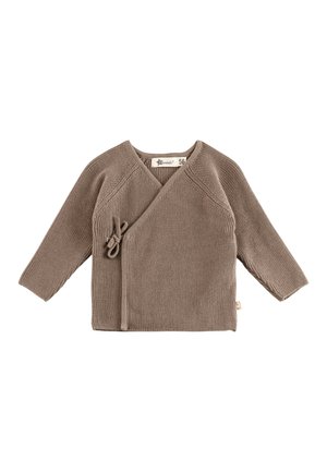 Cardigan en maille marron pour bébé avec manches longues, fermeture latérale nouée et design croisé à l'avant, taille 56.