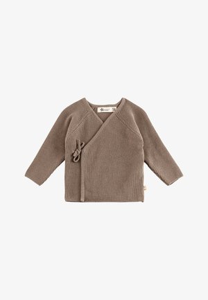 Bruine gebreide babycardigan met lange mouwen, zijstriksluiting en overslagmodel aan de voorkant, maat 56.