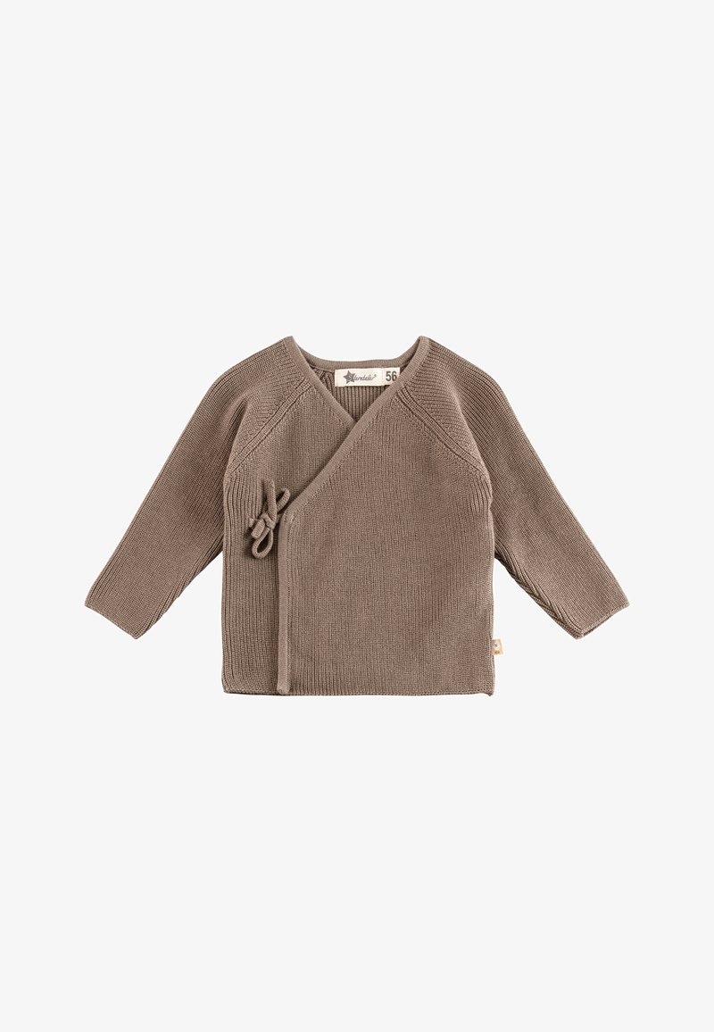 Cardigan en maille marron pour bébé avec manches longues, fermeture latérale nouée et design croisé à l'avant, taille 56.