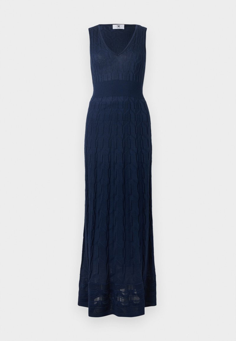 Abito maxi in maglia blu navy con scollo a V e design senza maniche. Presenta un motivo testurizzato e un orlo svasato con bande decorative.