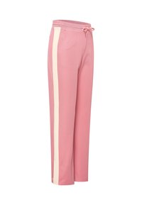 Rosa Sweatpants mit einem cremefarbenen Seitenstreifen, elastischem Bund, Kordelzug und Seitentaschen. Weicher Stoff mit geradem Bein-Design.