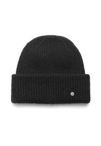 Černá pletená čepice vyrobená z měkké vlny s ribbovanou texturou a přehnutým okrajem. Obsahuje malou stříbrnou logo akcentaci.