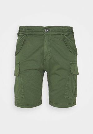 Shorts cargo verts avec quatre poches, une fermeture par bouton et zip, et une coupe décontractée. Faits en tissu de coton léger, adaptés pour un usage décontracté.