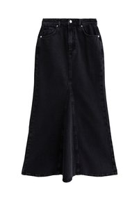 Jupe en denim noir avec taille haute, fente avant et design traditionnel à cinq poches. Texture lisse avec des détails de couture subtils.