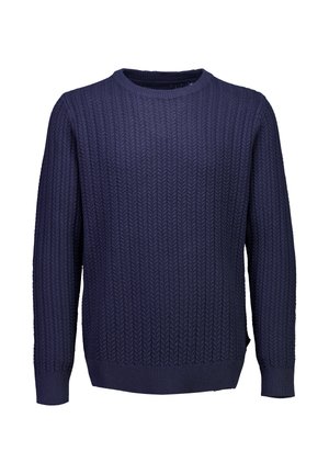 Maglione a maniche lunghe in maglia a costine di colore blu navy, con polsini, orlo e scollatura a girocollo a coste, mostrato su uno sfondo bianco.