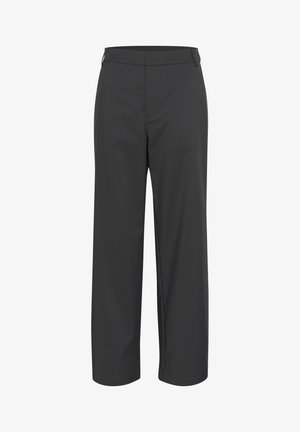 Pantalons noirs à jambes larges en tissu lisse et léger. Présentent une taille ajustée et de légères plis à l'avant pour plus de structure.