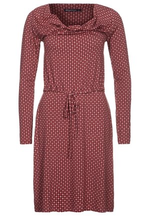 Robe rouge à manches longues, longueur genou, avec un motif circulaire blanc et une taille ajustable par cordon, dotée d'un col froncé.