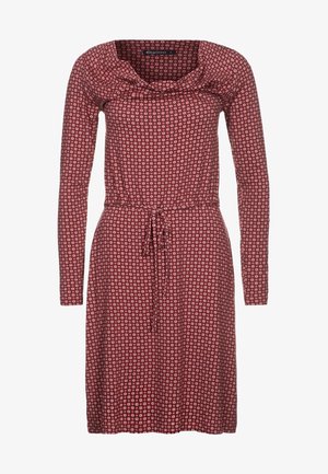 Rotes Kleid mit langen Ärmeln und knielang, mit weißem Kreis-Muster und Tunnelzug in der Taille, ausgestattet mit einem gerafften Ausschnitt.