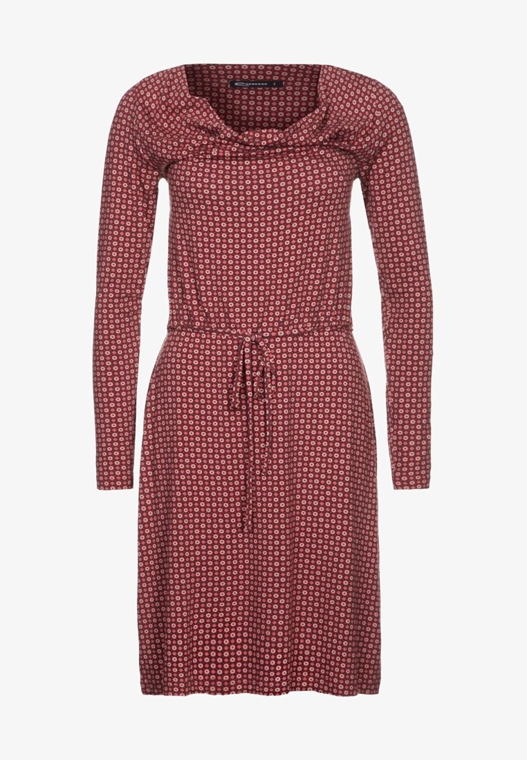 Robe rouge à manches longues, longueur genou, avec un motif circulaire blanc et une taille ajustable par cordon, dotée d'un col froncé.