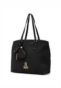 Borsa tote in pelle nera con due manici, completa di ferrature dorate e portachiavi staccabile a forma di cuore. Logo in evidenza sul davanti.