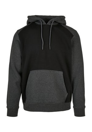 Kapucar majica, črna osnova s temno sivo šivano, sprednji kenguruž žep, vrvice za kapuco, rebrasti manšeti in rob. Mehak teksturiran material.