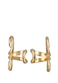 Ohrringe aus goldfarbenem Metall mit wellenförmigem Design. Sie verfügen über eine glatte Textur und eine offene Silhouette. Geeignet für legere oder formelle Anlässe.