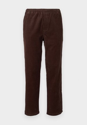 Brown corduroy pants with a relaxed fit, featuring an elastic waistband and vertical ribbed texture. Straight leg design, no pockets.