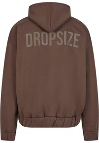 Hnedá mikina s kapucňou a rebrovaným lemom, s nápisom "DROPSIZE" vytlačeným veľkými, svetlosivými písmenami na chrbte.
