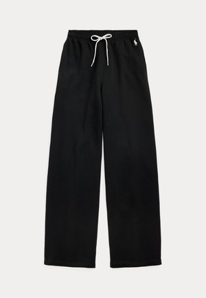 Svarte vidbente joggebukser med hvit snor i midjen og lite hvitt logo øverst til venstre.