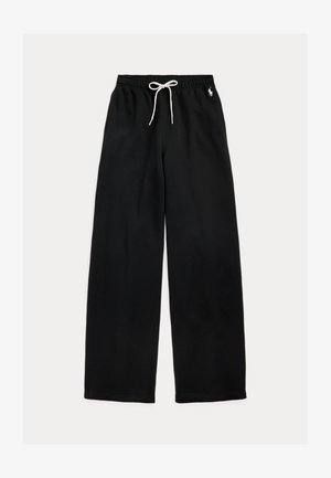 Svarte vidbente joggebukser med hvit snor i midjen og lite hvitt logo øverst til venstre.