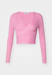 Kurzes, pinkfarbenes, geripptes Crop-Top mit langen Ärmeln und V-Ausschnitt. Verfügt über ein strukturiertes Material und einen Wickel-Style vorn.