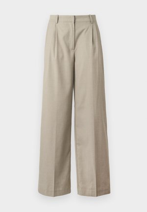 Pantaloni beige a gamba larga realizzati in tessuto morbido, con vita aderente, pieghe e una vestibilità ampia lungo le gambe. Design semplice e linee pulite.