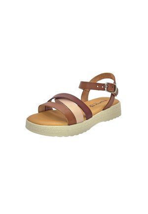 Sandale femme ouverte marron et beige avec trois brides et une boucle à la cheville sur une semelle blanche texturée.